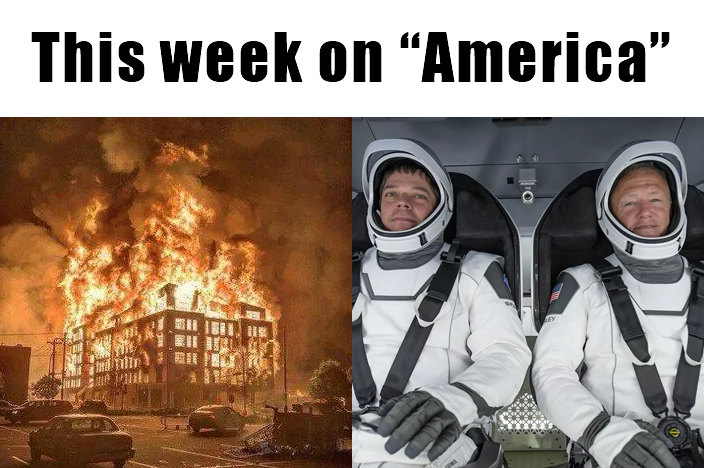 This meme is a humorous comparison between two images. The top image shows a devastatingly burning city, with the caption "This week on..." which is left unfinished. The bottom image shows a person in a space suit, captioned "Space X". The meme is implying that the person in the space suit is the only one who has escaped the burning city, and is now on a space mission.